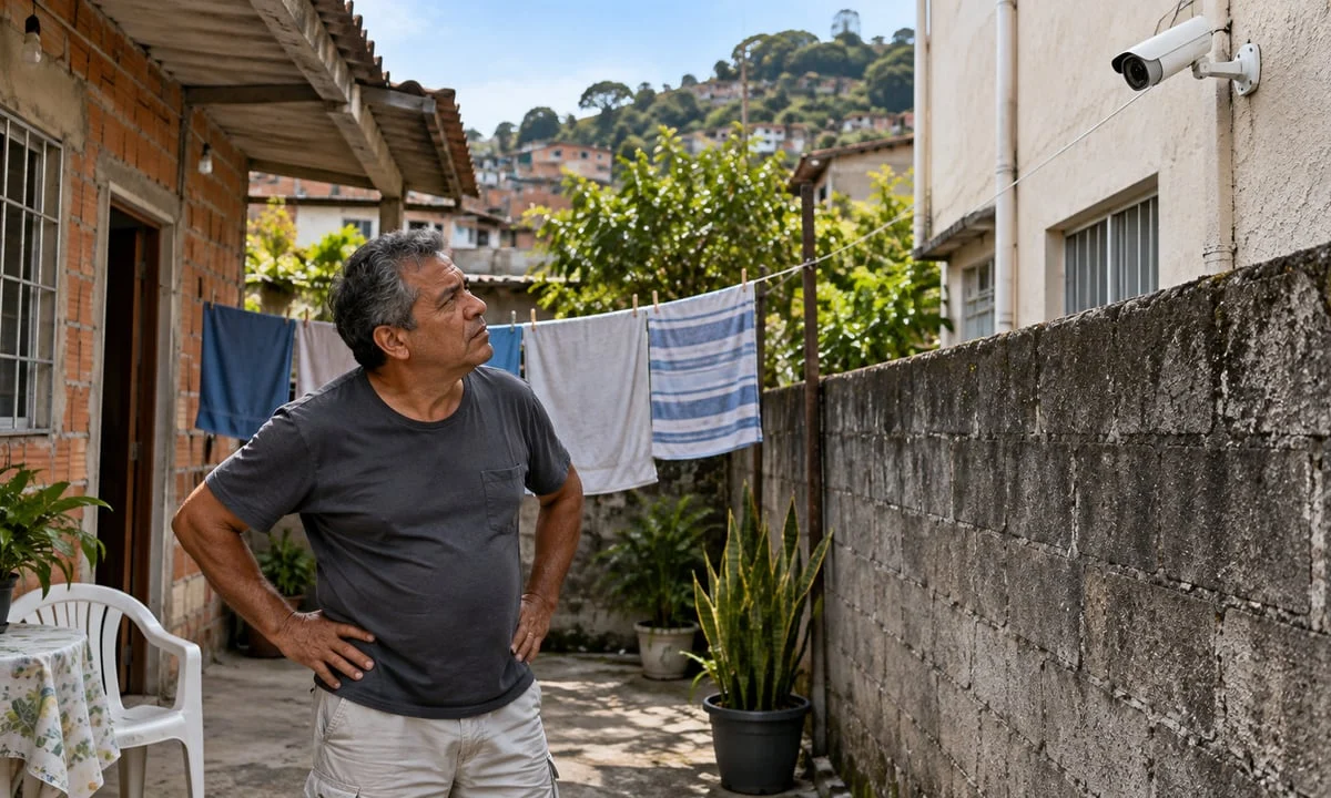 Câmera de monitoramento residencial fixada em muro de casa na Baixada Fluminense.