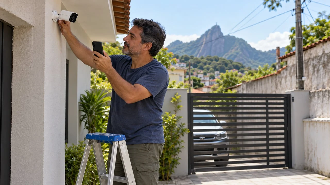 Câmera de monitoramento residencial fixada em muro de casa na Baixada Fluminense. (foto 3)