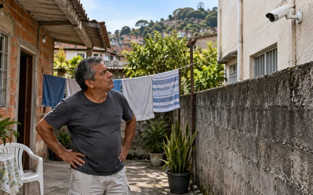 Câmera de monitoramento residencial fixada em muro de casa na Baixada Fluminense.