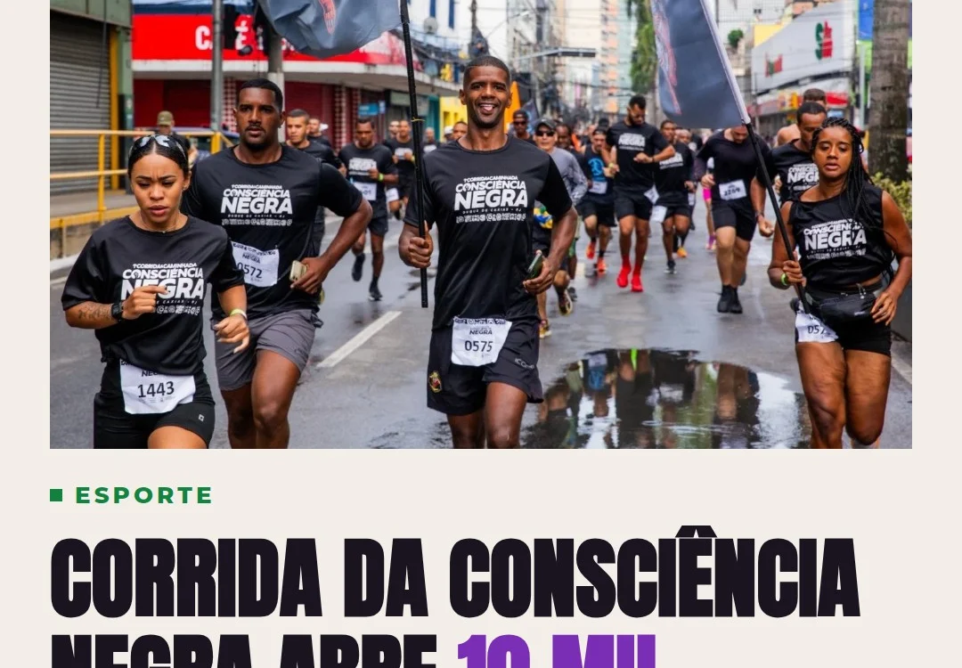 Corredores reunidos em largada de evento esportivo de rua na Baixada Fluminense.